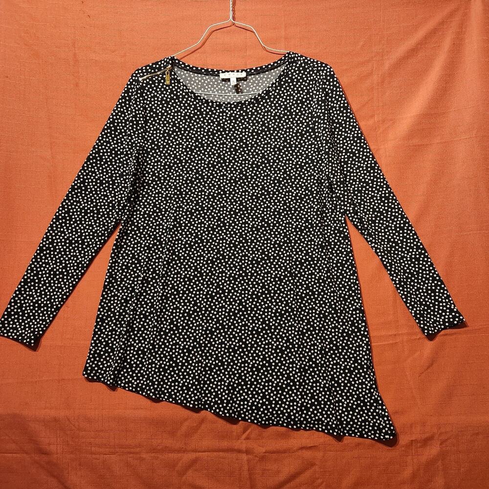 Chaus Woman’s Size Medium Asymetrical Black Polka Dots Long Sleeve Blouse Shirt